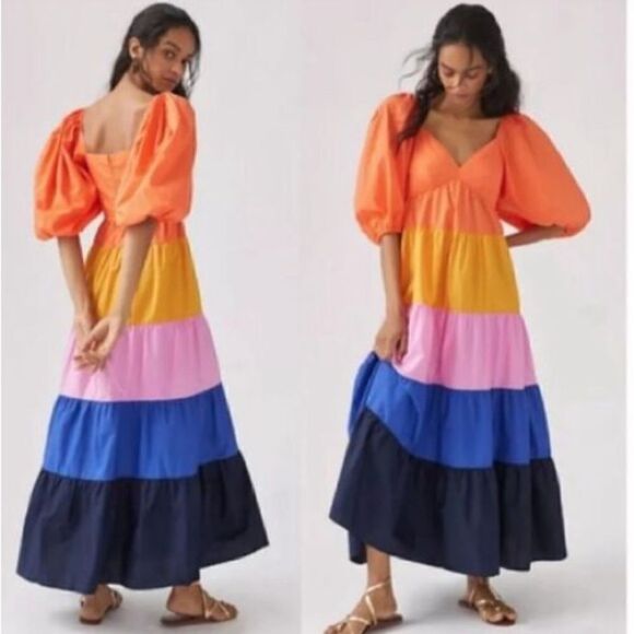 Farm Rio Anthropologie Women’s Size XS Tiered Color Block Maxi Dress Rainbow NWT - Picture 1 of 15